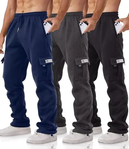 3 Pack Men's Cargo Pants Relaxed Fit Joggers with Pockets, Fleece Hiking Tactical Workout Casual Pants