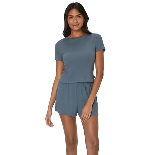 Hanes Women's Originals 2-Piece Lounge, Supersoft Cropped Baby Doll Tee & Sleep Shorts Loungewear Set, Stargazer Grey/Stargazer Grey, Small
