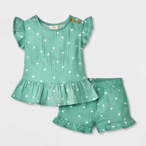 Baby Girls' Ruffle Sleeve Heart Gauze Shorts Set - Cat & Jack™ Green Newborn