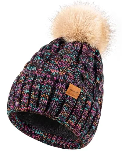 Women's Winter Beanie with Pom Pom, Fleece Lined Cable Knit Ski Cap for Cold Weather