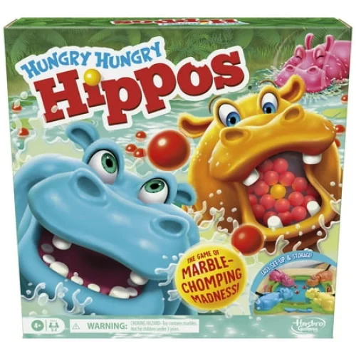 Hungry Hungry Hippos Board Game for Preschoolers, Ages 4+, 2 to 4 Players with Storage Case