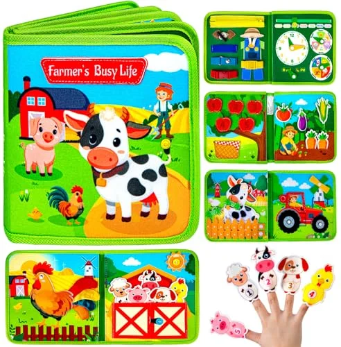 Montessori Busy Book for Toddlers 1-3 - Farm Animal Sensory Busy Board, Educational Travel Toy