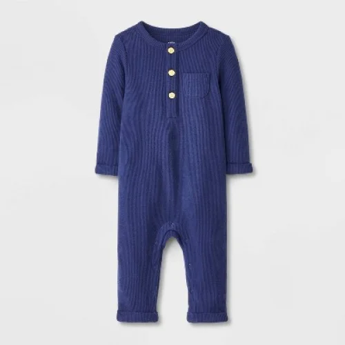 Baby Boys' Henley Cozy Long Sleeve Romper - Cat & Jack™ Navy Blue 12M