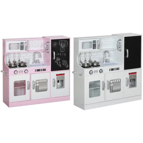 Qaba Play Kitchen, Kids Kitchen Playset w/ Play Phone & Chalkboard