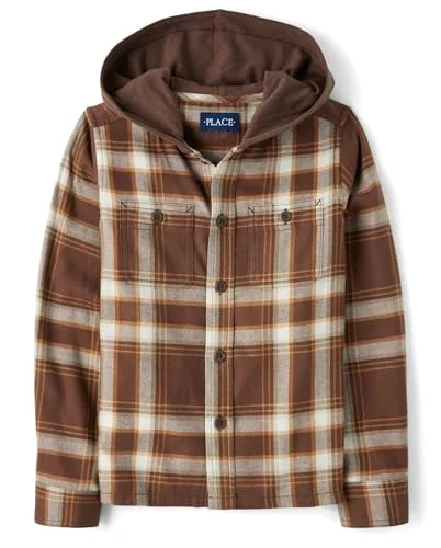 The Children's Place Boys Long Sleeve Plaid Flannel Button Up Shirt, Dark Earth Hooded, X-Large