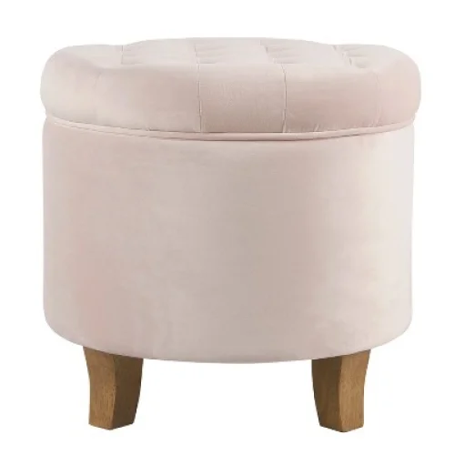 HomePop Velvet Tufted Round Storage Ottoman Pink Blush: Upholstered Footstool with Lid