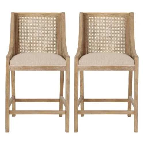 2 Christopher Knight Home Cataldo Wood and Cane Upholstered Counter Height Barstools Beige/Natural