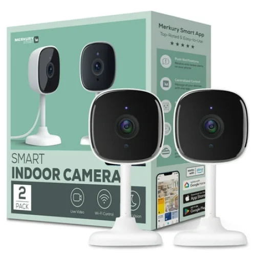 Merkury Smart Indoor Camera 1080p - Wi-Fi Security Cam with Night Vision, White (2-Pack)