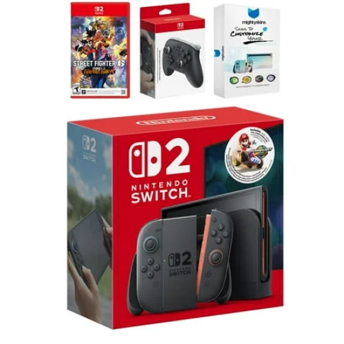 Nintendo Switch 2 + Mario Kart World Bundle with Street Fighter 6, Pro Controller and MightySkins Code Bundle