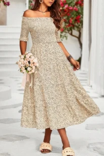 TRUEDAMES Boho Print Off Shoulder Ruffle Hem Floral Dress