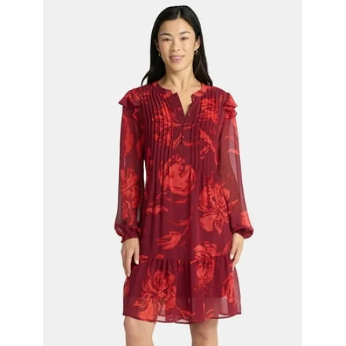 Time and Tru Women's Pintuck Mini Dress with Long Sleeves, Sizes XS-XXXL