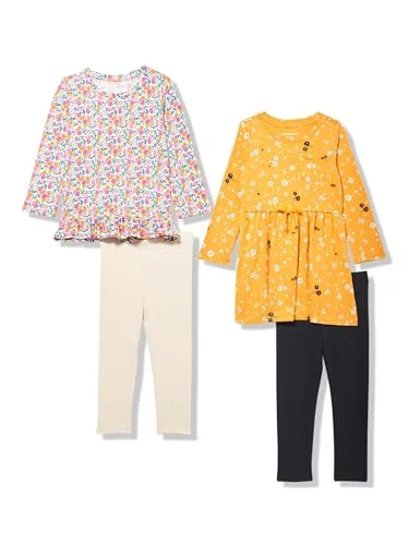4-Pack Amazon Essentials Girls' Long-Sleeve Outfit Set, Gold/Ditsy Floral, Medium