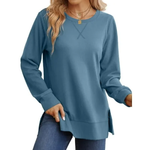 MOSHU Crewneck Sweatshirts for Women Side Split Long Sleeve Shirts Fashion Fall Tops