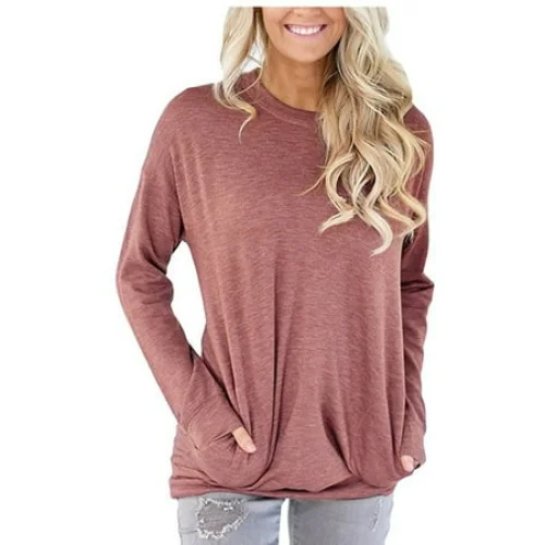 Women's O-Neck Long Sleeve T-Shirt Summer Solid Pocket Loose Blouse Tops