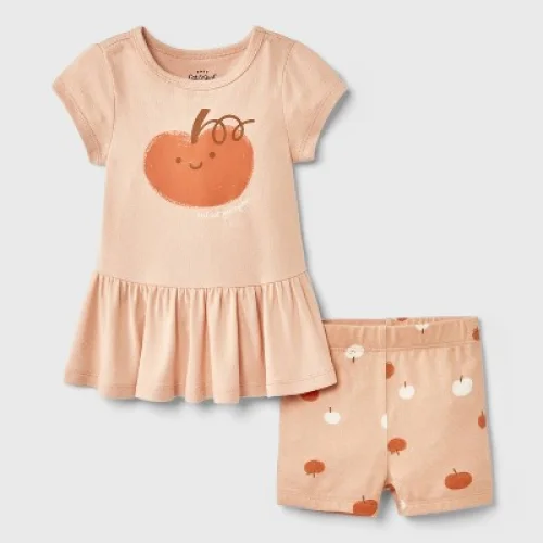 2pc Smiling Pumpkin Peplum T-Shirt and Bike Shorts Set - Cat & Jack™ Peach Orange Newborn