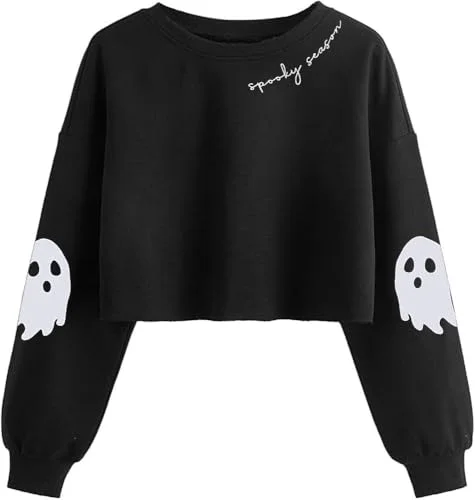 Women's Funny Ghost Graphic Crop Sweatshirt Halloween Lantern Long Sleeve Pullover Family Matching Tops (M, 01BBlack)