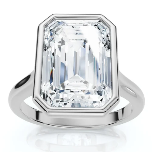 3Ct Emerald Cut Bezel Solitaire Diamond Engagement Ring 14k Gold or Pt Lab Grown