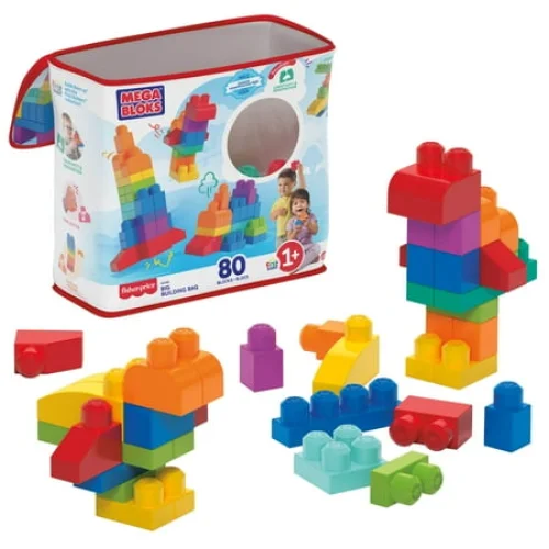 80 Pieces MEGA BLOKS Fisher-Price Toy Blocks Blue Big Building Bag with Storage for Toddler