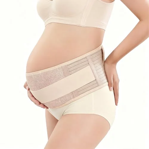 Maternity Belly Band Pregnancy Support Belt with Adjustable Compression Wrap (Beige)