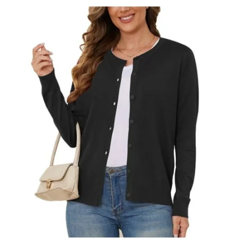 Women's Lightweight Button-Down Cardigan Sweater, Black, S-3XL - 100% Viscose Knit Top