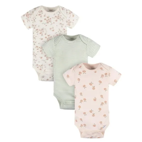 3-Pack Gerber Baby Girl Casual Short Sleeve Bodysuits, Sizes Preemie - 12 Months, 100% Cotton
