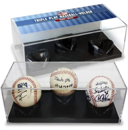 BallQube Triple Play Baseball Holder 3 Ball Clear Plastic Black Base Display Box