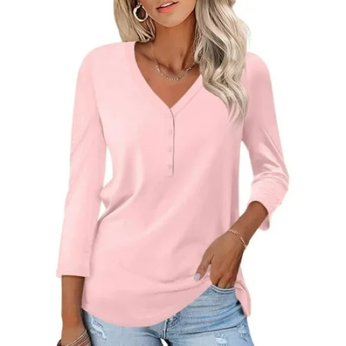 VDJ Women's 3/4 Sleeve Button V-Neck Tops - Casual Fall Tee - Solid Pink - Size XL