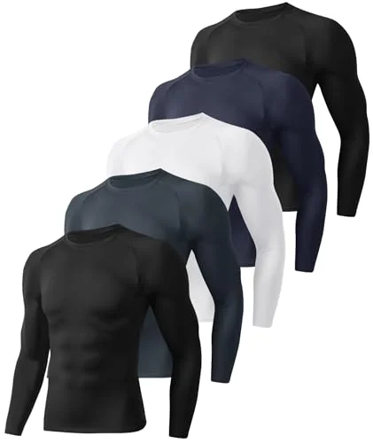5 Pack Men's Long Sleeve Compression Shirts - Black Athletic Workout Base Layer Undershirt Top