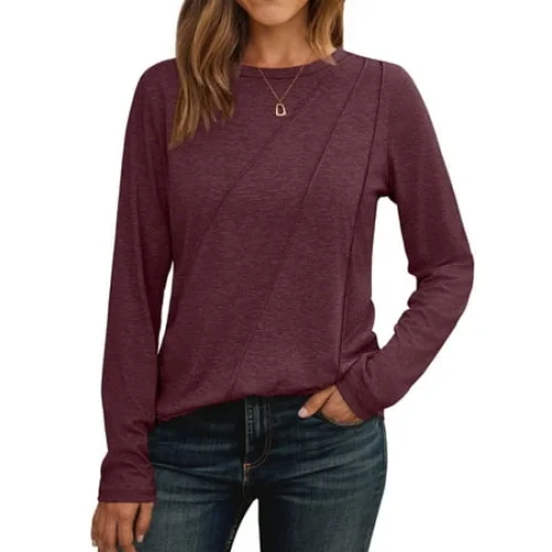 SUNBS Long Sleeve Shirts for Women Pleated Crew Neck Casual Fall Fashion Tops, Sizes S-2XL