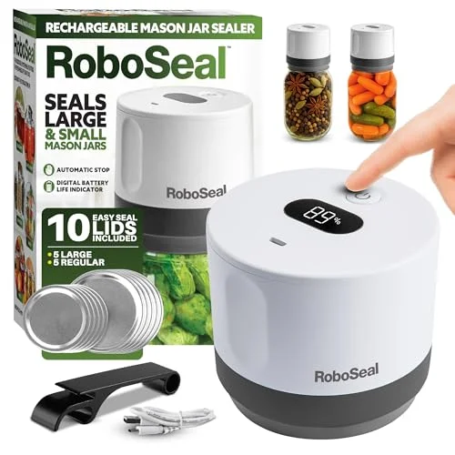 RoboSeal Rechargeable Mason Jar Vacuum Sealer for Wide & Regular Mouth Jars with Jar Opener and 10 Lids