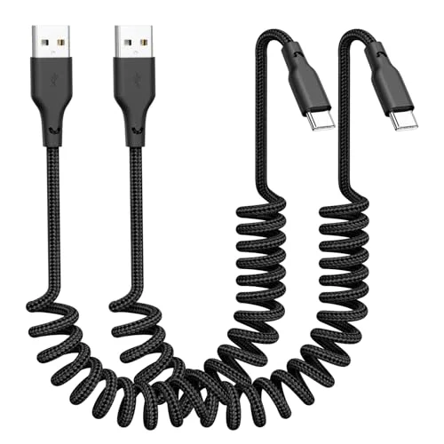 2Pack 3ft Coiled USB A to USB C Carplay Cable for iPhone 17/16/15 & MacBook Pro