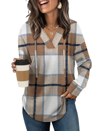 Sampeel Fall Sweatshirts for Women Trendy 2025 Pullover Halloween Hoodies Sweaters Brown Plaid L