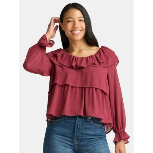 Time and Tru Women's Ruffle Neck Blouse with Long Sleeves, Sizes XS-3XL