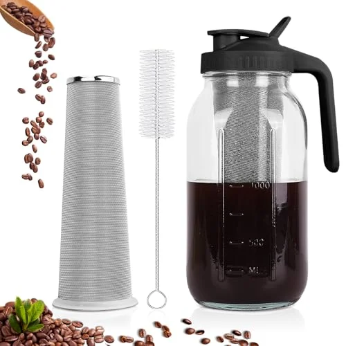 64 oz Cold Brew Coffee Maker Mason Jar Pitcher with Stainless Steel Filter, Pour Spout, Lid