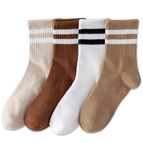 4 Pairs YUWELL Women's Striped Crew Socks, Cotton Cozy Casual Socks, Size 5-10, Maillard
