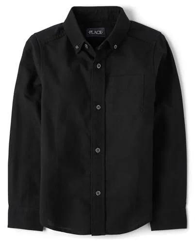 The Children's Place Boys Long Sleeve Oxford Shirt, Black, Medium
