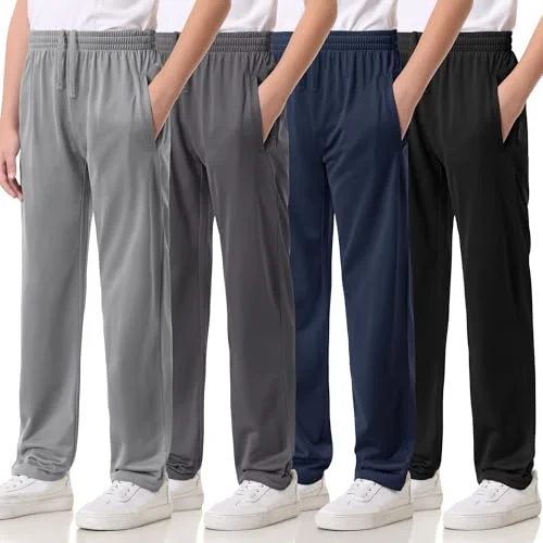 4 Pack Boys Lightweight Sweatpants Tricot Athletic Open Bottom Pants with Pockets & Drawstring Set A M