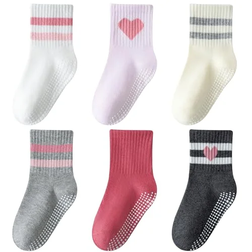 6 Pairs Wamvp Toddler Grip Socks, Unisex Baby Retro Stripe Cotton Socks, Pink, 1-3T