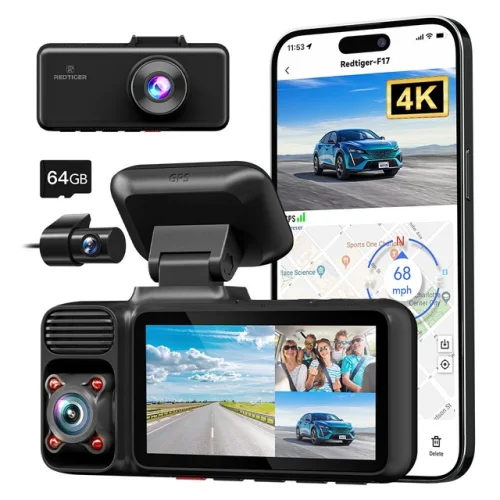 REDTIGER 4K F17N 3 Channel Dash Cam 5G WiFi Front Rear Inside with Free 64GB SD Card