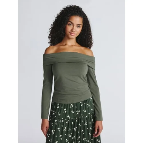 Time and Tru Women's Fold Over Off Shoulder Top with Long Sleeves, Sizes XS-XXXL