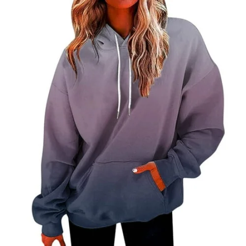 Women's Long Sleeve Casual Hooded Print Crewneck Pullover Sweatshirt Tops - Purple/M