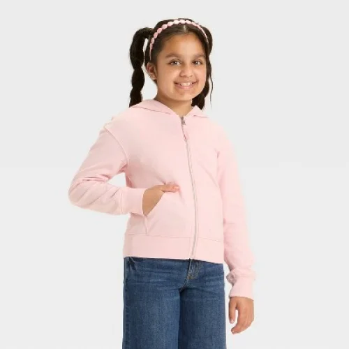 Girls' Hooded French Terry Zip-Up Sweatshirt - Cat & Jack™ Soft Pink XL