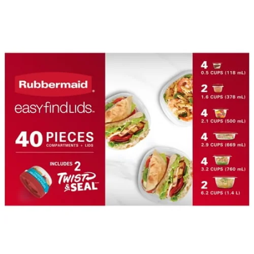 40 Piece Rubbermaid TakeAlongs Food Storage Set, Red, 12.6 Qts, BPA-Free Plastic Containers