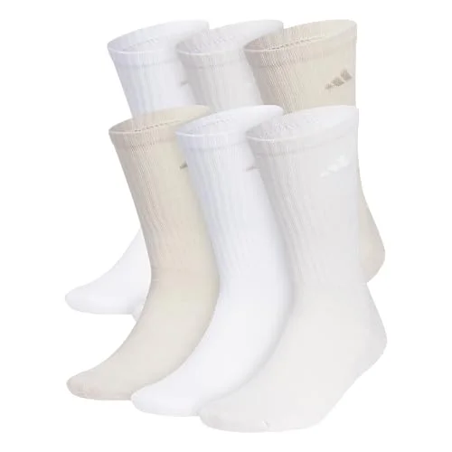 adidas Men's Athletic 6-Pack Cushioned Crew Socks with Arch Compression, White/Wonder Beige/Alumina Beige, Large