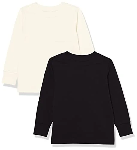 2-Pack Amazon Essentials Kids' Long-Sleeve Rib Cuff T-Shirt, Black/Ivory, Medium