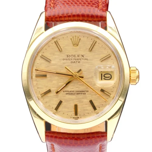 Vintage Rolex Date 1550 Mens 14K Gold Shell Watch Gold Mosaic Dial Brown Leather