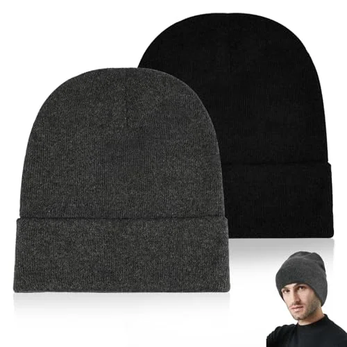 2 Pack Unisex Slouchy Cuffed Winter Beanie Hats, Soft Warm Knit Beanies Skull Cap Ski Hats - Black, Gray