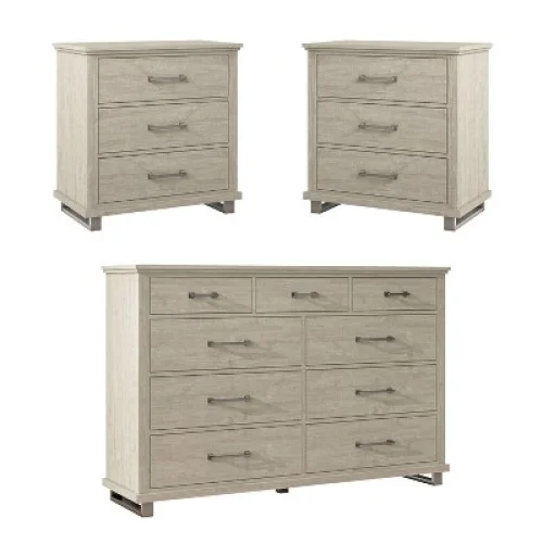 Festivo Bedroom Storage Furniture Set: 2 Night Stands & 1 Dresser in Beige