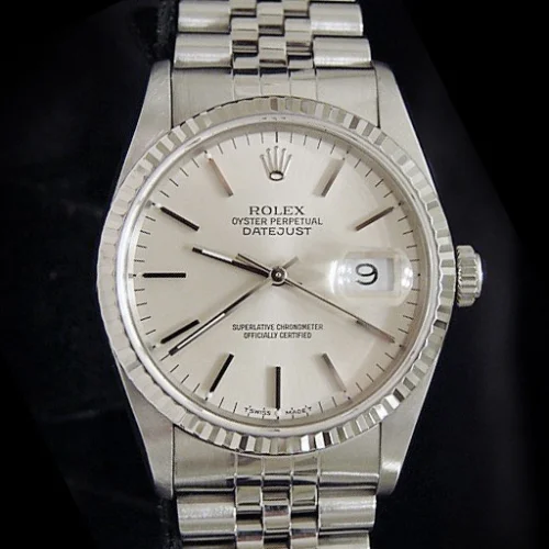 Rolex Datejust Mens Stainless Steel 18K White Gold Jubilee Silver No Holes 16234
