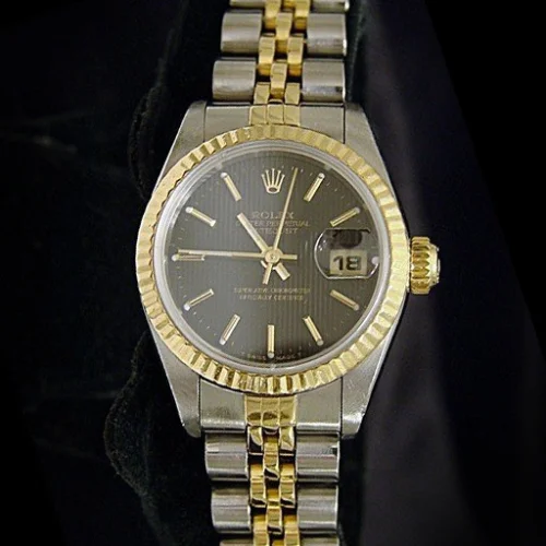 Rolex Datejust Ladies Two-Tone 18K Gold & Steel Watch Black Tapestry Dial 69173